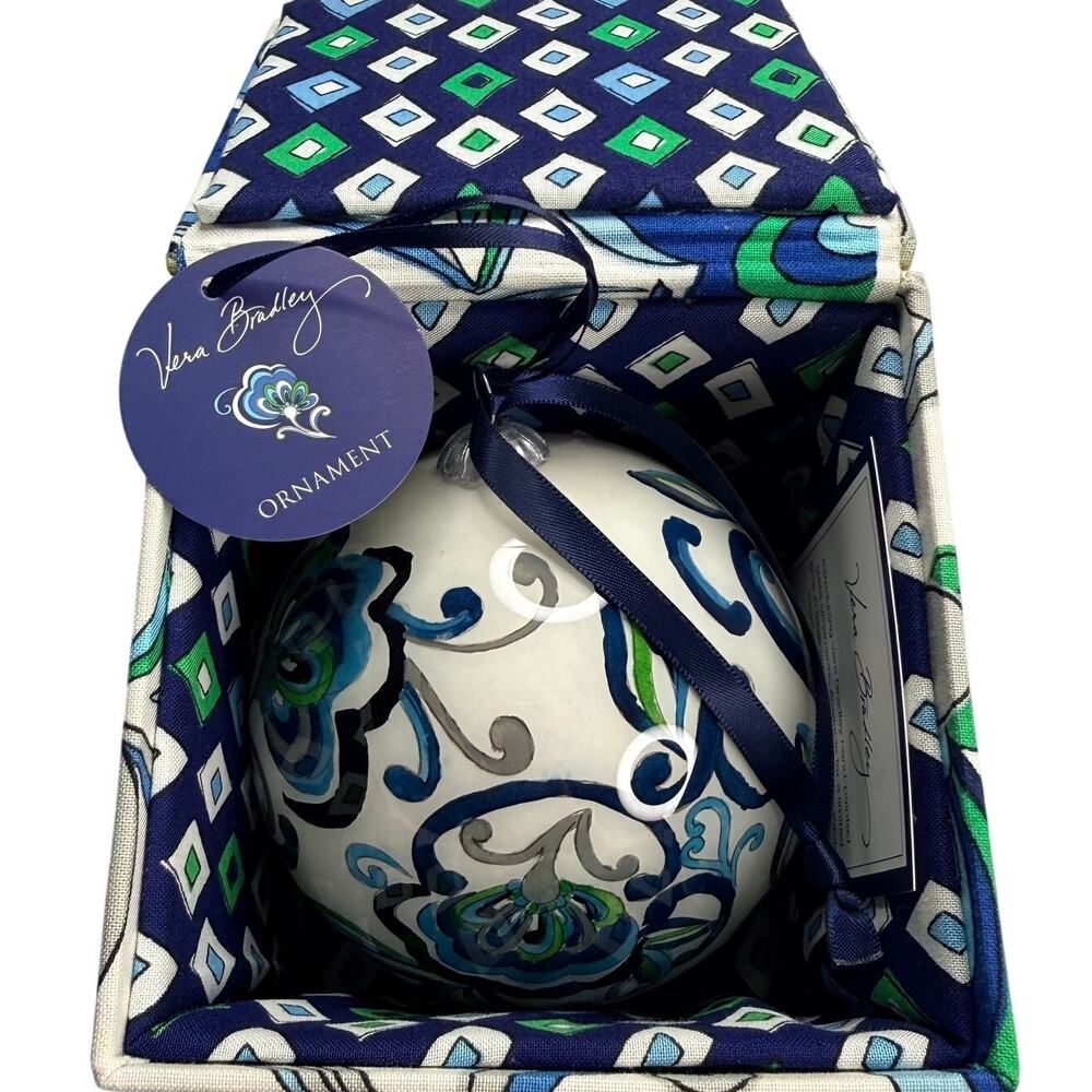 Vera Bradley "Mediterranean White" Glass Christmas Ornament Fabric Keepsake Box
